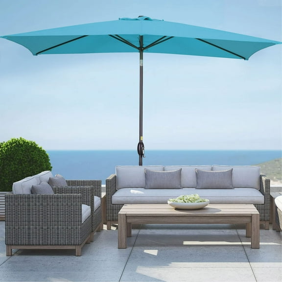 May in Color 6.5x10 ft Rectangular Patio Umbrella Outdoor Market Table Aluminum Pole Umbrella with Tilt and Crank 6 Sturdy Ribs for Deck Lawn Pool, Lake Blue