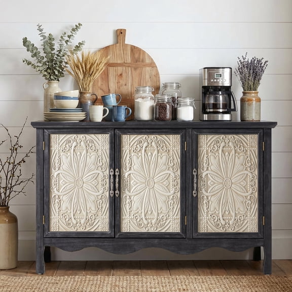 May in Color Accent Cabinet with 3 Carved Doors, Vintage Sideboard with Adjustable Shelves, Perfect for Kitchen, Dining Room, Living Room, Bedroom, Black & White