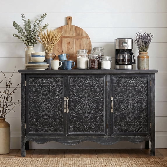 May in Color Farmhouse Sideboard Cabinet, Carved Wood Storage Cabinet, Rustic 3‑Door Buffet Cabinet with Adjustable Shelves, Antique Floral Pattern Cabinet for Living Room, Entryway, Black