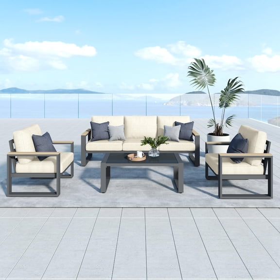 May in Color Aluminum Patio Furniture Set, 5-Seater Metal Outdoor Conversation Set with Coffee Table, Modern Patio Sofa Sets, Beige