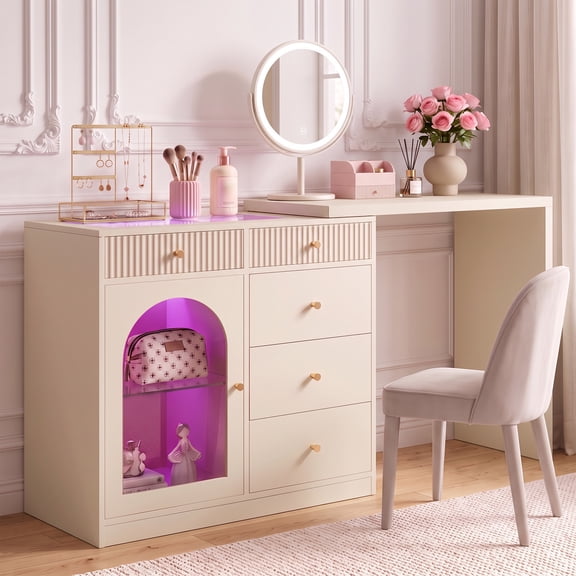 May in Color Beige Extendable Vanity with LED Lights, Rotatable L‑Shaped Makeup Vanity Desk, 5 Drawers & Arched Glass Cabinet, Multi‑Purpose Desk for Working, Studying, Drawing, Sewing, Nail Care