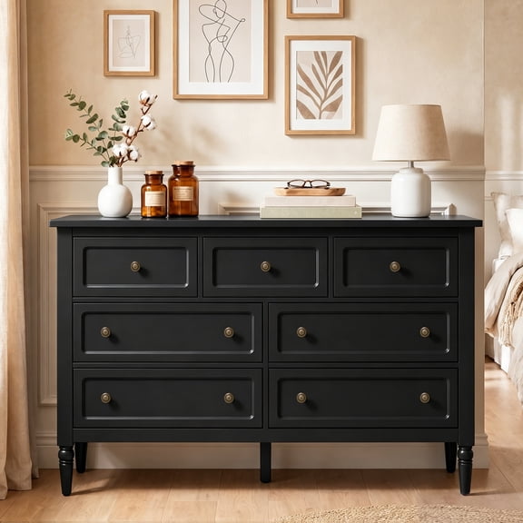 May in Color Black 7 Drawer Dresser, Vintage Wood Dresser Chest, Storage Cabinet, Storage Sideboard with Antique Bronze Knobs, Anti‑Tip Device for Bedroom, Living Room