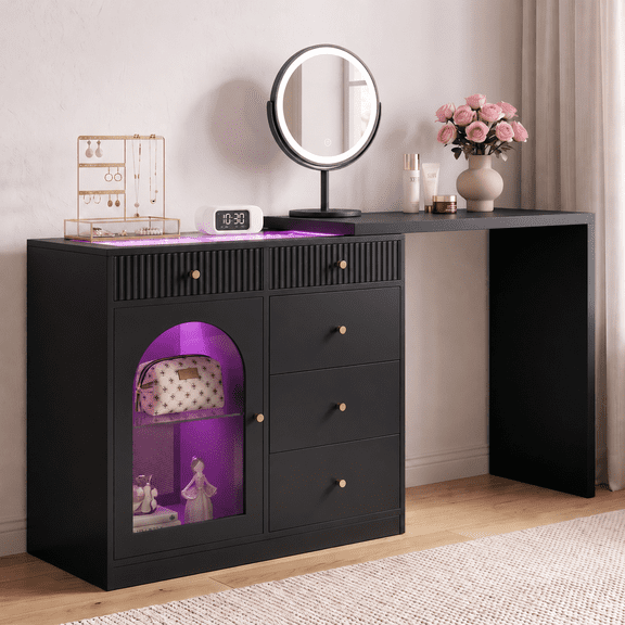 May in Color Black Extendable Vanity Table with LED Lights, Rotatable L Shaped Makeup Vanity Desk with 5 Drawers & Arched Glass Cabinet, Flexible Layout Desk for Bedroom, Living Room and Apartment