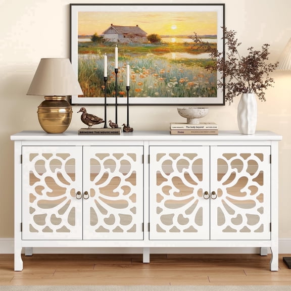 May in Color Carved Sideboard with Storage, 63" Modern Buffet Cabinet with Mirrored Door and Adjustable Shelves, for Entryway, Dining Room, Living Room, White