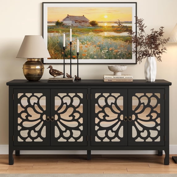 May in Color Carved Sideboard with Storage, 63" Modern Buffet Cabinet with Mirrored Door and Adjustable Shelves, for Entryway, Dining Room, Living Room, Black
