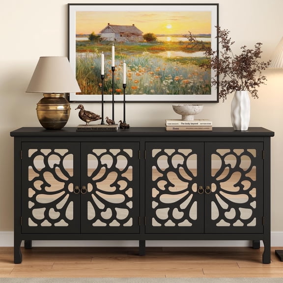 May in Color Carved Sideboard with Storage, 63" Modern Buffet Cabinet with Mirrored Door and Adjustable Shelves, for Entryway, Dining Room, Living Room, Black