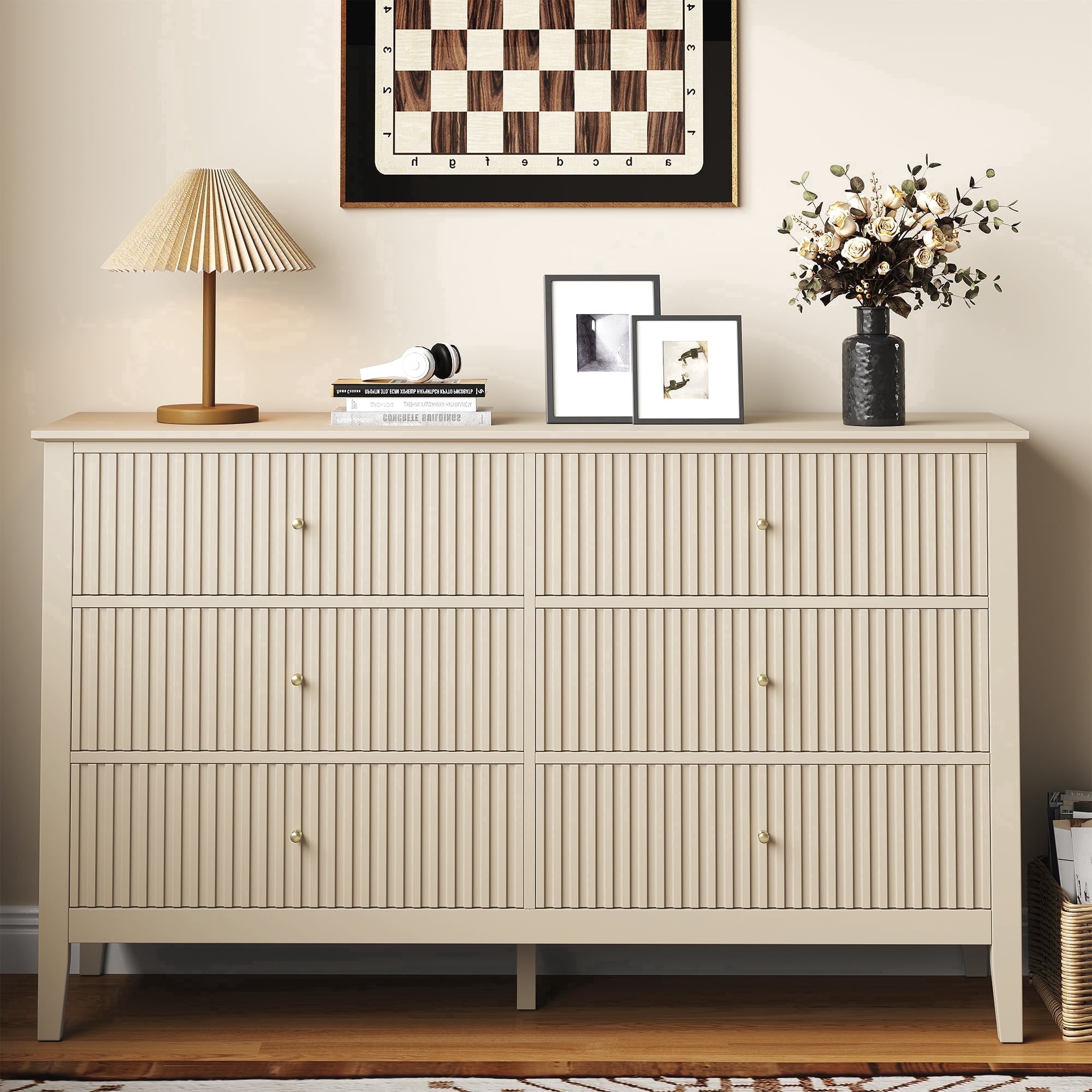 May in Color Fluted 6 Drawer Dresser, Wide Modern Chest of Drawers, Large Wood Storage Cabinet Organizer for Bedroom, Living Room, Hallway, Entryway, Beige
