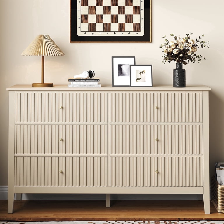May in Color Fluted 6 Drawer Dresser, Wide Modern Chest of Drawers, Large Wood Storage Cabinet Organizer for Bedroom, Living Room, Hallway, Entryway