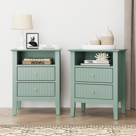 May in Color Green Fluted Nightstand with 2 Drawers Set of 2, Modern Wooden Sofa Table with Storage for Small Spaces, Tall End Table for Bedroom,Living Room, Couch Coffee Table