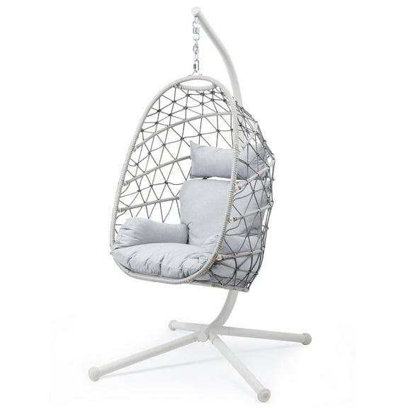 May in Color Hanging Egg Chair Outdoor Swing Chair, Hammock Chair With Stand Indoor, Patio Boho Wicker Hanging Chair with Stand 350lbs Capacity for Garden, Balcony, Bedroom, Beige & Gray
