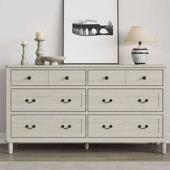 May Color Large 6 Drawer Dresser for Bedroom, 58" Long Chest of Drawers, Wooden Dresser for Closet, Wood Drawer Organizer for Living Room, Hallway, Light Grey