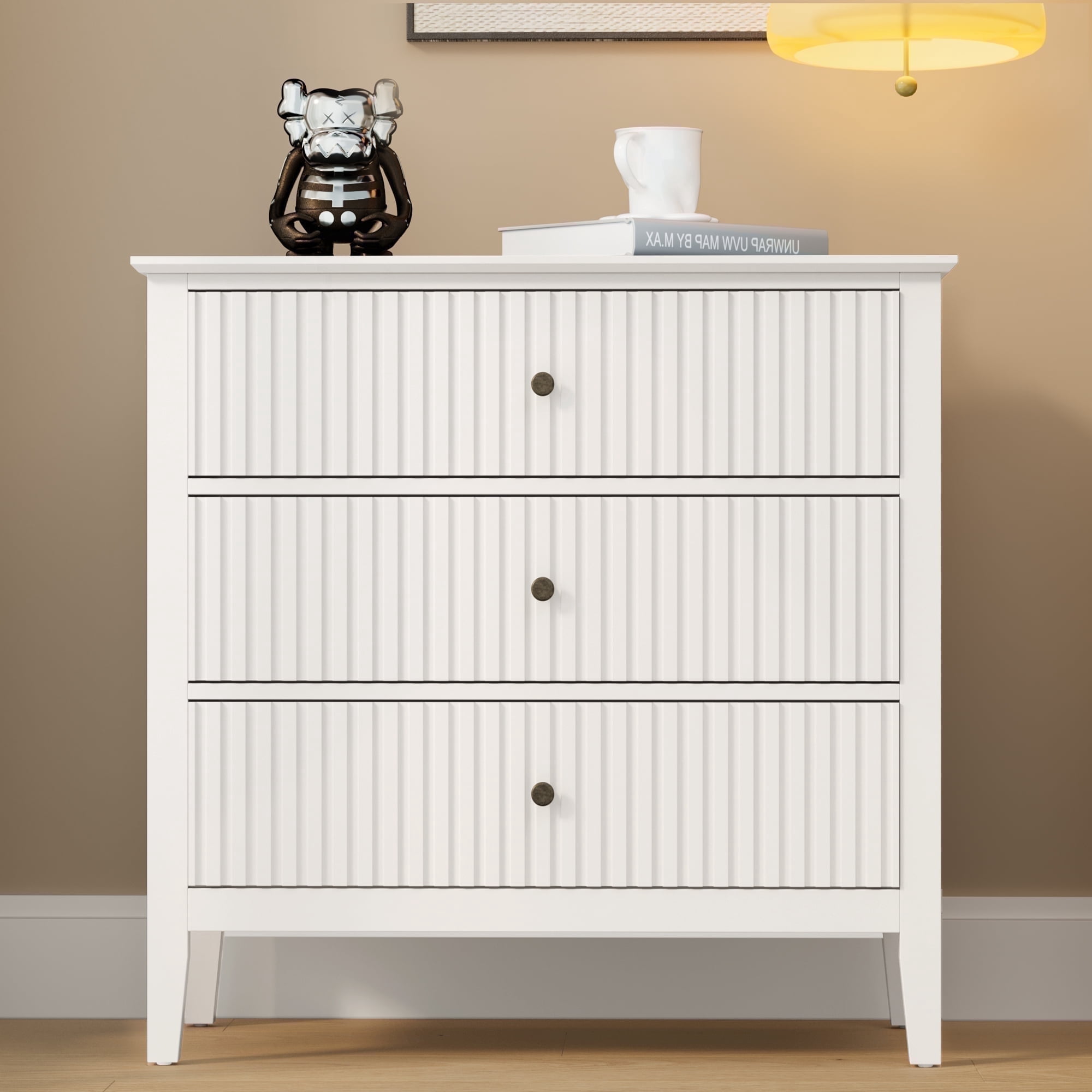 May in Color Large Fluted 3-Drawer Dresser, Wide Chest of Drawers, Modern Wood Dresser with Spacious Storage, White