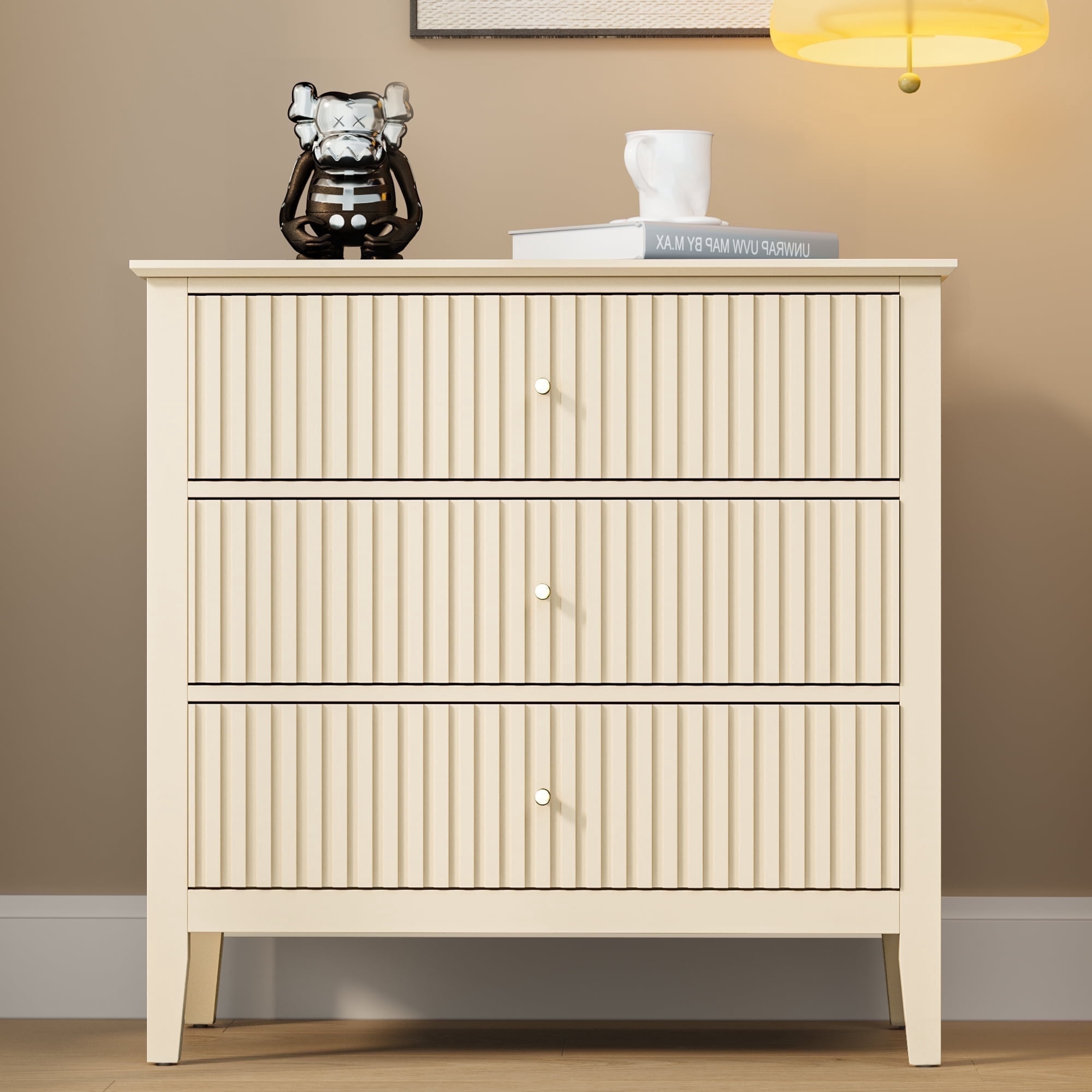 May in Color Large Fluted 3 Drawer Dresser, Wide Modern Nightstand Cabinet for Bedroom, Living Room, Entryway, Beige