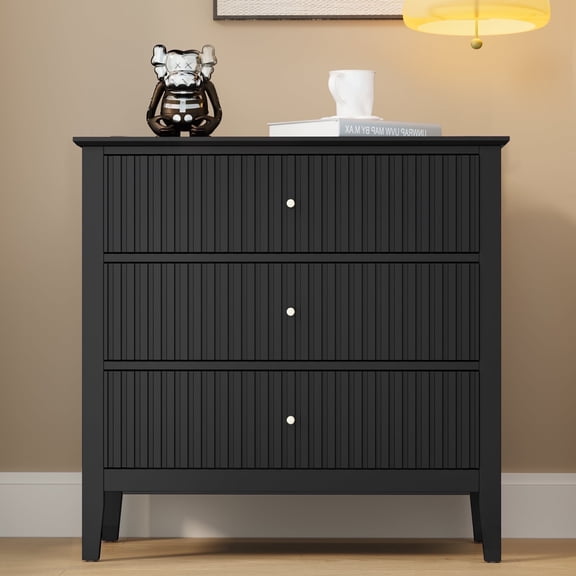 May in Color Large Fluted 3 Drawer Dresser, Wide Modern Nightstand Cabinet for Bedroom, Living Room, Entryway, Black