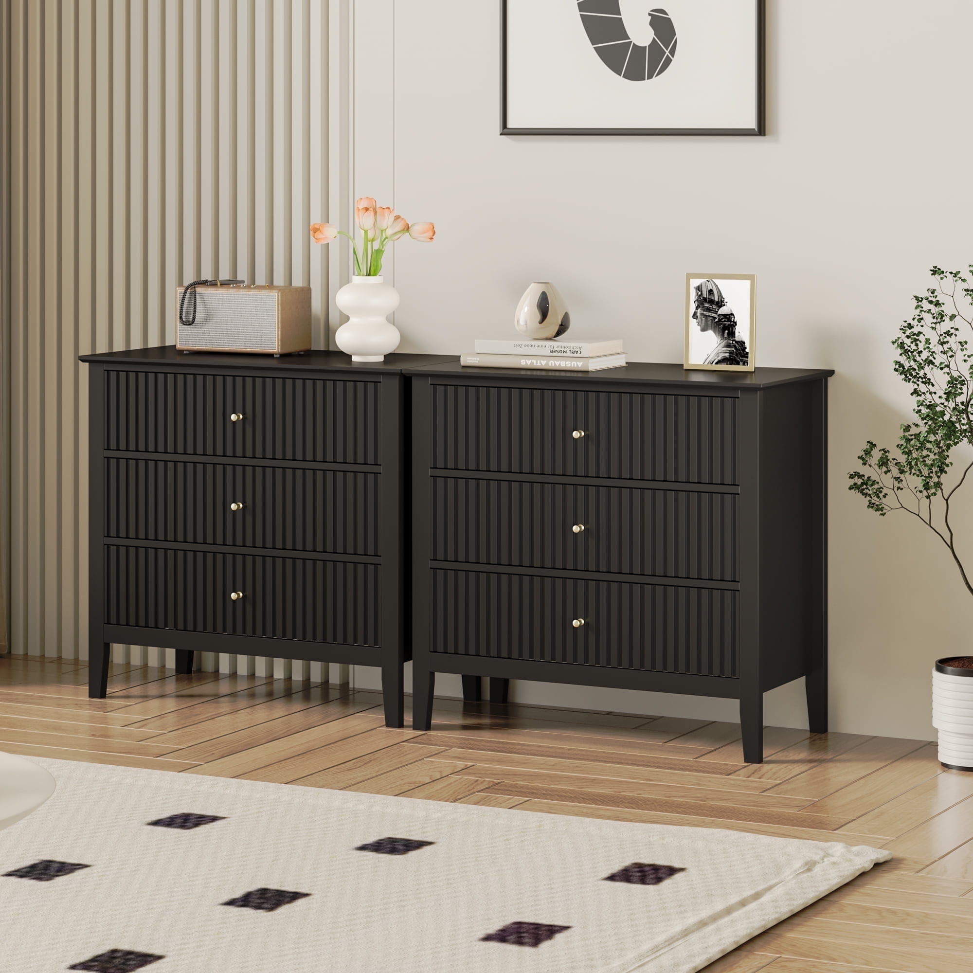 Mayincolor 3-Drawer Fluted Dresser Set of 2, Modern Wood Storage for Bedroom or Living Room, Black