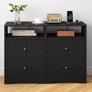 May in Color Large Nightstand with 2 Drawers, Modern Side Table with Charging Station and Diamond Carvings, Accent End Table for Living Room, Bedroom, Entryway,