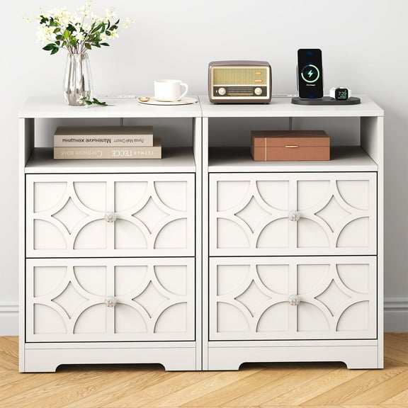 May in Color Large Nightstand with 2 Drawers, Modern Side Table with Charging Station and Diamond Carvings, Accent End Table for Living Room, Bedroom, Entryway, White, Set of 2