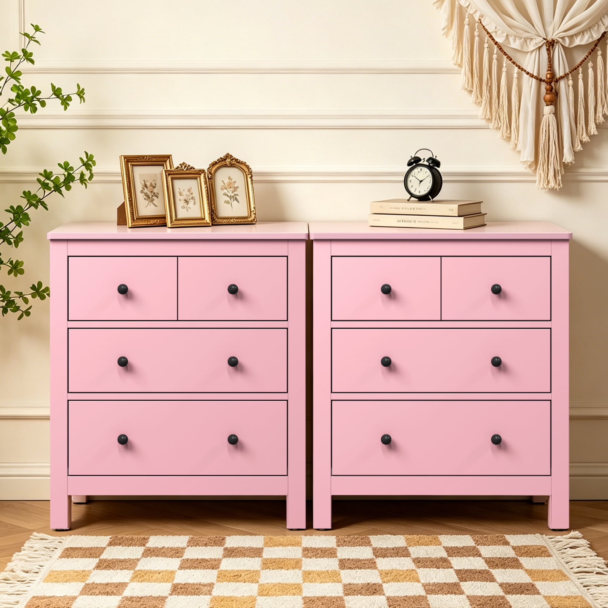 May in Color Pink 3 Drawer Dresser Set of 2 with Soft-Close Drawers, Modern Wood Chest for Bedroom, Living Room