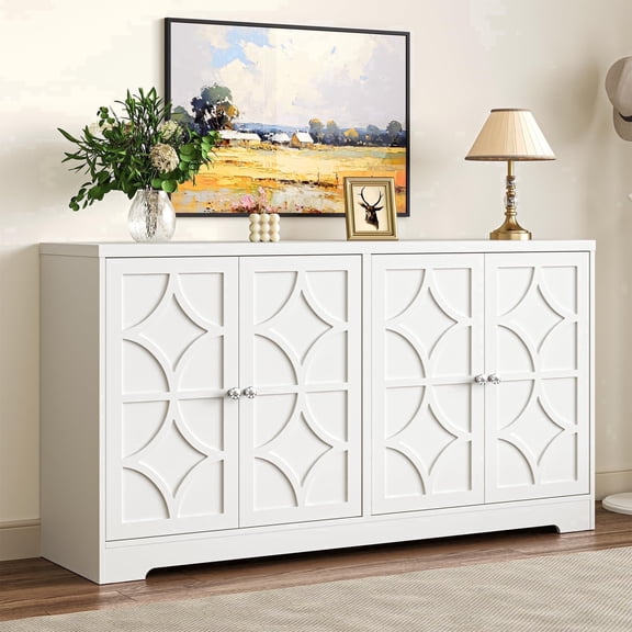 May in Color 55.9 Inch White Buffet Cabinet with Storage, 4‑Door Sideboard Cabinet with Adjustable Shelves, MDF White Buffet Sideboard for Dining Room, Living Room, Entryway