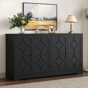 May in Color 55.9 Inch Black Buffet Cabinet with Storage, 4 Door Sideboard Cabinet with Adjustable Shelves, MDF Black Buffet Sideboard for Dining Room, Living Room, Entryway
