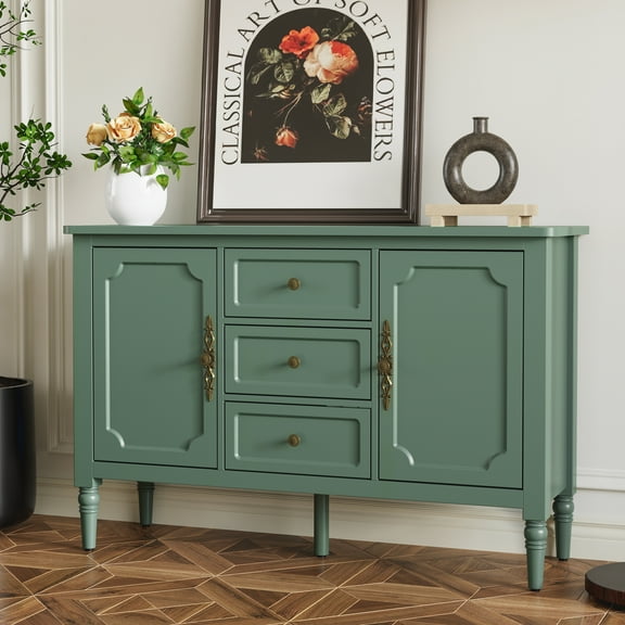 May in Color Storage Cabinet with 2 Doors & 3 Drawers, Mid-Century Sideboard Cabinet with Adjustable Shelves, Wood Buffet Cabinet with Turned Legs, Ideal for Entryway, Living Room, Dining Room, Green
