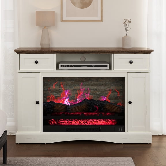May in Color White TV Stand with 28'' Fireplace, Media Console Table with Adjustable Shelves, Entertainment Center with Double-door Design for Living Room, Bedroom