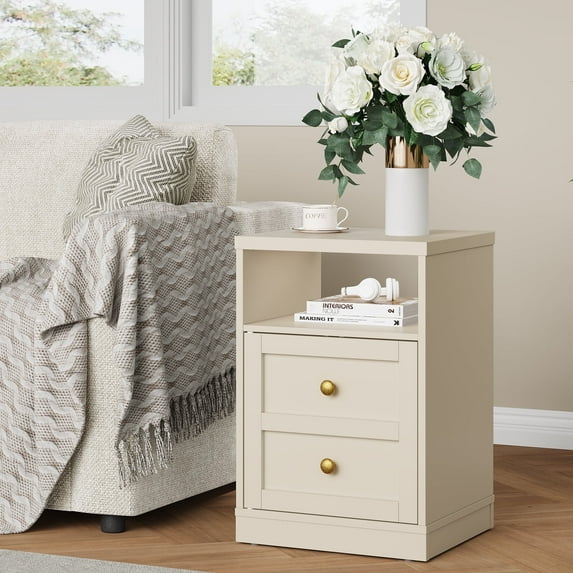 May in Color beige Nightstand with Storage Shelf & Door, Faux Drawer Design End Table, Compact Side Table for Bedrooms, Dorm Rooms & Small Spaces, Set of 1
