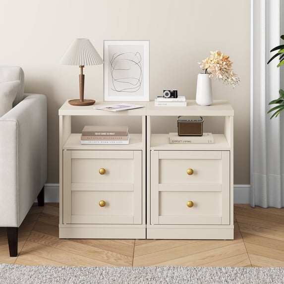 May in Color beige Nightstand with Storage Shelf & Door, Faux Drawer Design End Table, Compact Side Table for Bedrooms, Dorm Rooms & Small Spaces, Set of 2