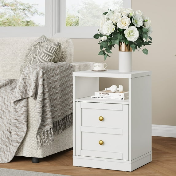 May in Color white Nightstand with Storage Shelf & Door, Faux Drawer Design End Table, Compact Side Table for Bedrooms, Dorm Rooms & Small Spaces, Set of 1