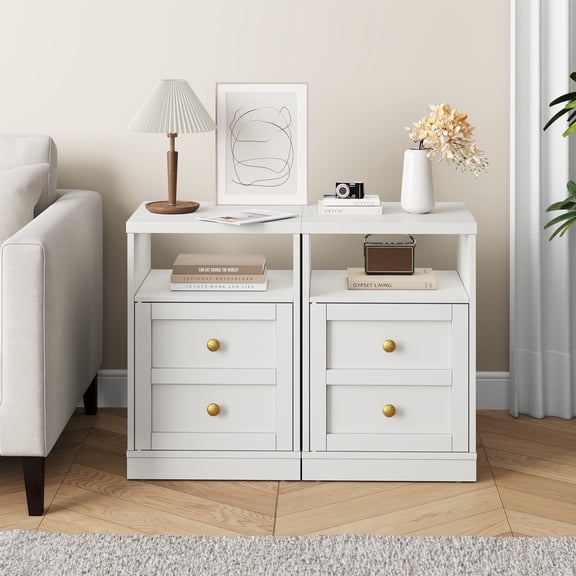 May in Color white Nightstand with Storage Shelf & Door, Faux Drawer Design End Table, Compact Side Table for Bedrooms, Dorm Rooms & Small Spaces, Set of 2