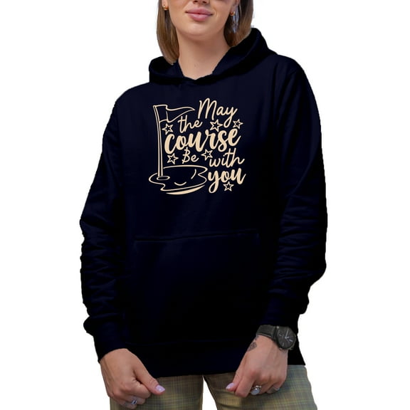May the Course Be with You Pun Quote with Flag & Stars, Golf Player, Golfing or Golfer Themed Merch Gift, Navy Blue Hooded Sweatshirt or Hoodie, Small