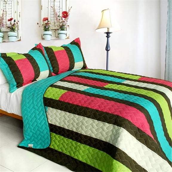 May Flower - 3 Pieces Vermicelli-Quilted Patchwork Quilt Set  Full & Queen Size - Blue