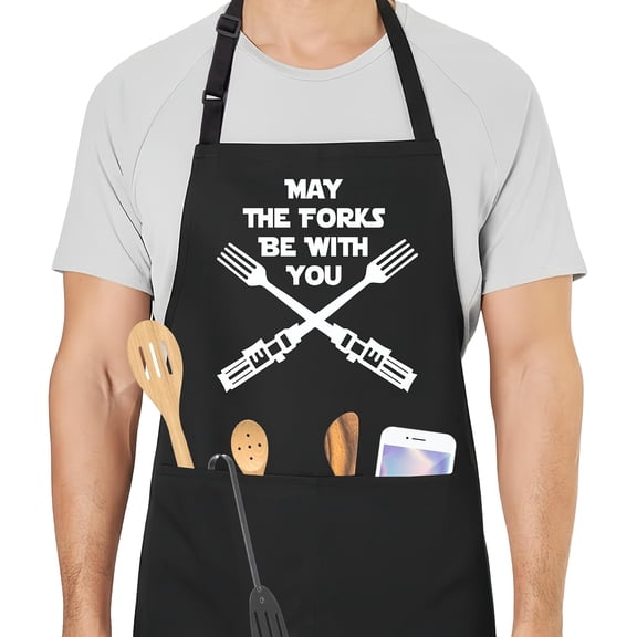 May the Forks Be With You Funny Aprons for Men with 2 Pockets, Cooking Apron for Dad, Gag Gifts for Men, Adjustable BBQ Apron for Husband, Chef Kitchen Gifts for Birthday & Fathers Day - A11