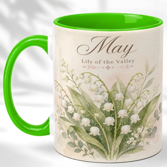 May Girl Coffee Mug, Lily of the Valley Birth Month Flower Cup, Watercolor Floral Birthday Gift for Women, Ceramic 11 Oz Mug