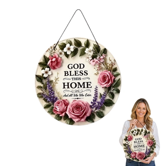 May God Bless This Home Door Sign, 7.87 in Floral Round Farmhouse Wall Decor, White