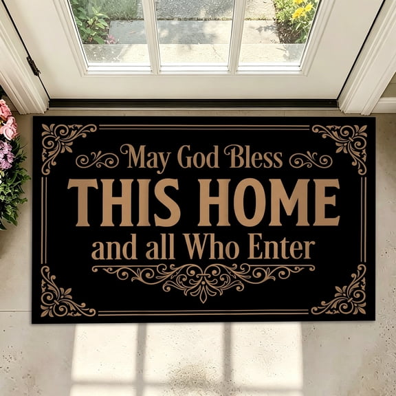 May God Bless This Home Doormat, Black Gold Scroll Welcome Mat for Front Door, Non Slip Indoor Outdoor Entryway Rug with Rubber Backing, 30x18 Inches
