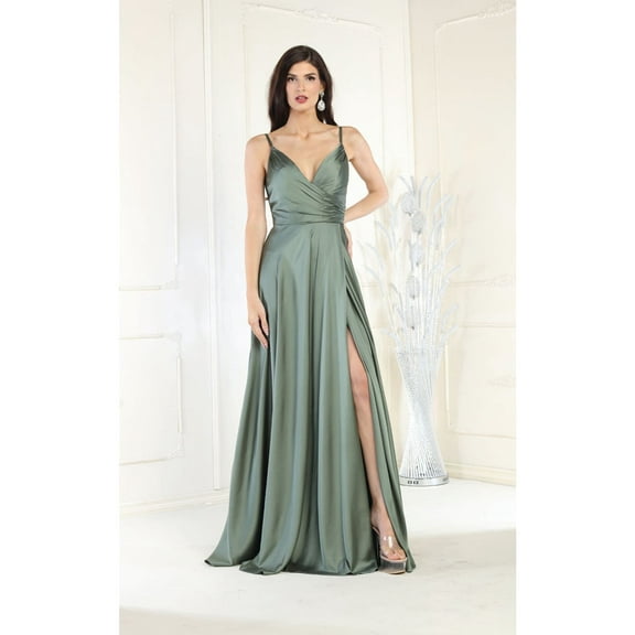 May Queen MQ1945 Juniors Womens Sleeveless A-Line V-Neckline Satin Long Evening Gown