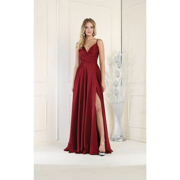 May Queen MQ1945 Juniors Womens Sleeveless A-Line V-Neckline Satin Long Evening Gown
