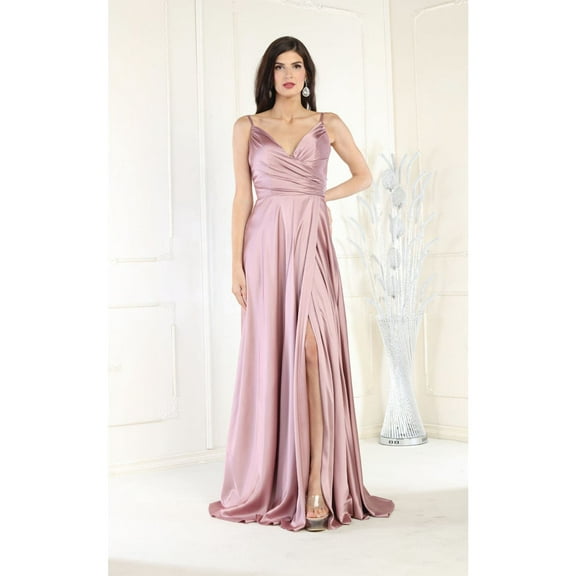 May Queen MQ1945 Juniors Womens Sleeveless A-Line V-Neckline Satin Long Evening Gown
