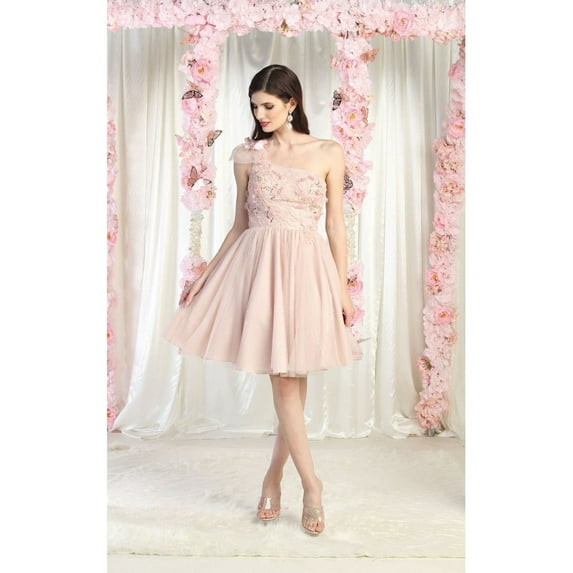 May Queen MQ1952 Juniors Womens 3D Floral Applique Corset Back Mesh Short Prom Dress