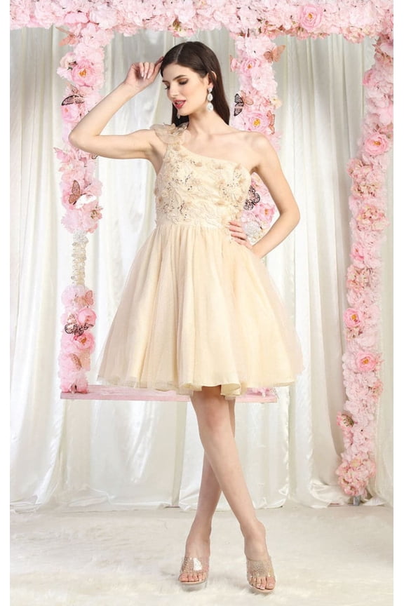 MQ1952 Juniors Womens 3D Floral Applique Corset Back Mesh Short Prom Dress