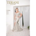 thumbnail image 1 of Women's Terani Couture 232m1530 Pleated Neckline Off Shoulder Thigh Slit Long Formal Dress Taupe 10, 1 of 10