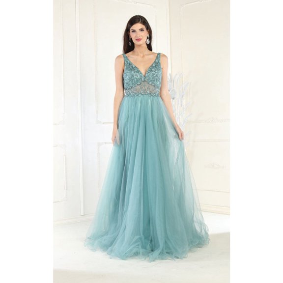 May Queen MQ1971 Juniors Womens Embroidered A-line Prom Gown