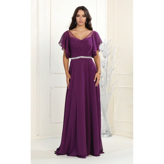 May Queen MQ1972 Chiffon Bell Sleeve A-Line Formal Gown Eggplant 10