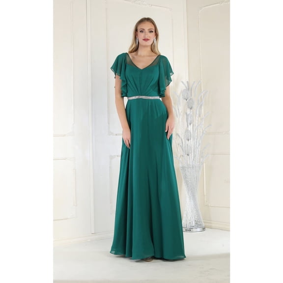May Queen MQ1972 Chiffon Bell Sleeve A-Line Formal Gown Hunter Green 24