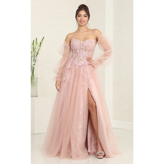 May Queen MQ1974 Juniors Womens Simple Long Sleeve V-neck Evening Gown