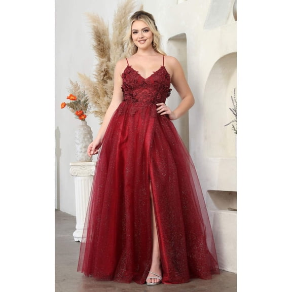May Queen MQ2011 Juniors Womens Sleeveless V-Neck Floral Appliqued Sheer Bodice Gown