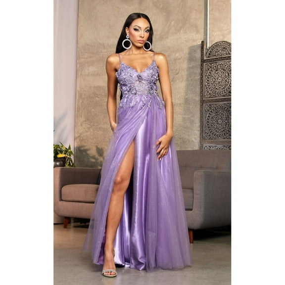 May Queen MQ2011 Juniors Womens Sleeveless V-Neck Floral Appliqued Sheer Bodice Gown