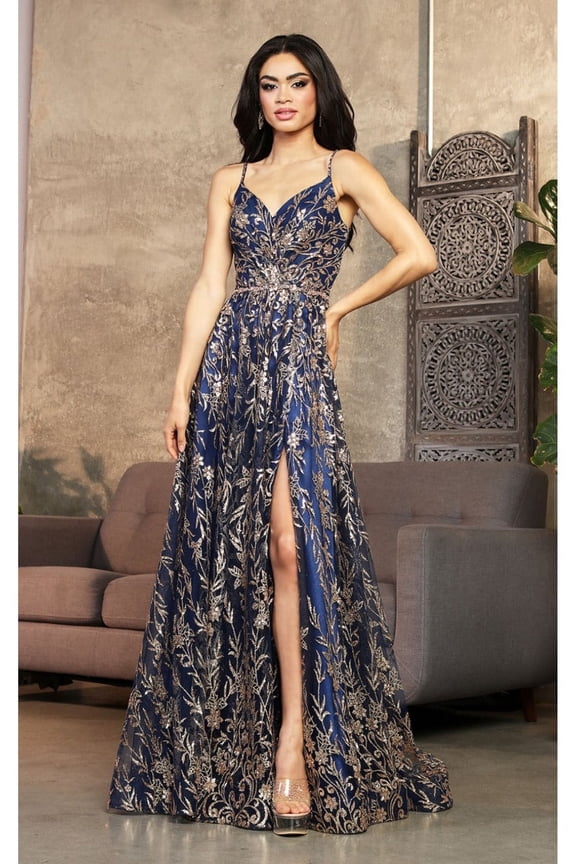 May Queen MQ2017 Juniors Womens Spaghetti Strap Floral Open Back Evening Gown