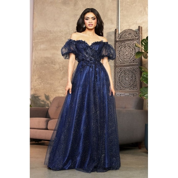 Women's May Queen MQ2033 Sweetheart Puffed Sleeves Gala Long Gown Navy Blue 4